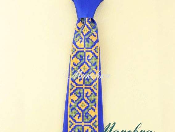 Галстук под вышивку Детский №08 синий с орнаментом