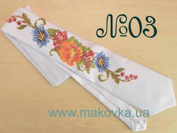 Галстук женский под вышивку №03 Цветы, белый атлас