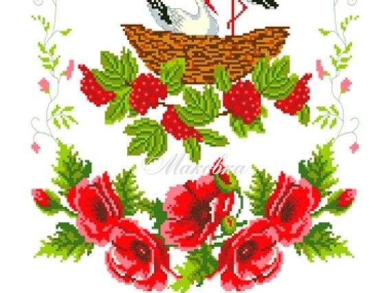 Свадебный рушнык КРК-2016 с рисунком Аисты, маки, калина, НА СЧАСТЬЕ, 33x200 см Свадебный рушнык КРК-2016 с рисунком Аисты, маки, калина, НА СЧАСТЬЕ, 33x200 см