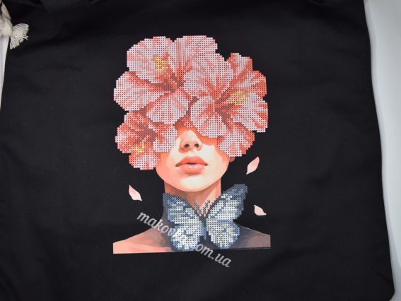 Пошита Эко-Сумка , шопер з малюнком під вишивку Дівчина-мальва ШП-1-081 Чорний, Кольорова