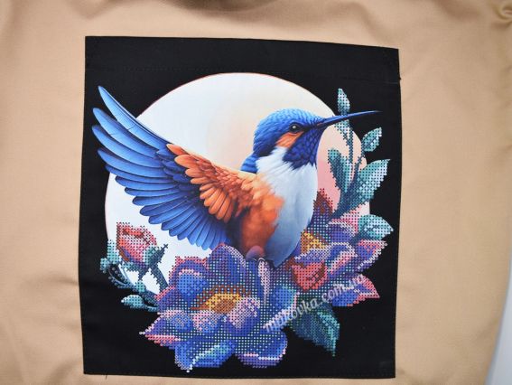 Пошита Эко-Сумка , шопер з малюнком під вишивку Зимородок та квіти ШП-2-070 Кавовий з чорною кишенею, Кольорова