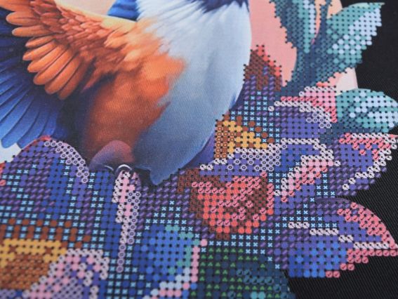 Пошита Эко-Сумка , шопер з малюнком під вишивку Зимородок та квіти ШП-2-070 Кавовий з чорною кишенею, Кольорова