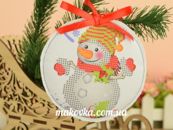Іграшка на ялинку №192 Сніговик, Красуня, кругла пошита заготовка для вишивання Іграшка на ялинку №192 Сніговик, Красуня, кругла пошита заготовка для вишивання