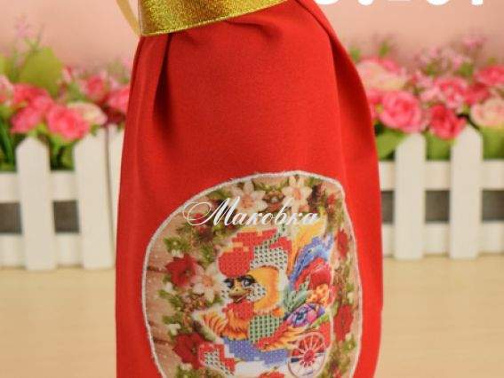 Мішечок на пляшку Новорічний №1 Півник, Червоний, Красуня