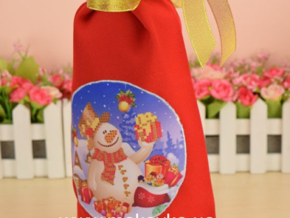 Пошитый Мешочек на Бутылку под вышивку Новогодний №2 Снеговик, Красный, ТМ Красуня