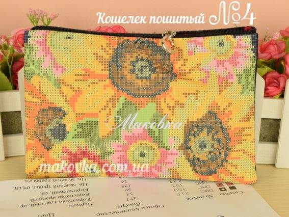 Кошелек пошитый из габардина, черный №4 Подсолнухи, Красуня