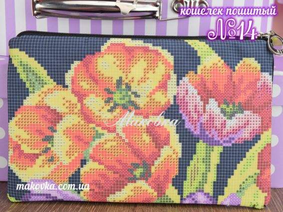 Кошелек пошитый из габардина, черный №14 Тюльпаны раскрытые, Красуня Кошелек пошитый из габардина, черный №14 Тюльпаны раскрытые, Красуня