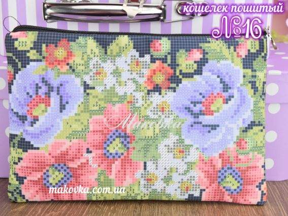 Кошелек пошитый из габардина, черный №16 Цветы, Красуня