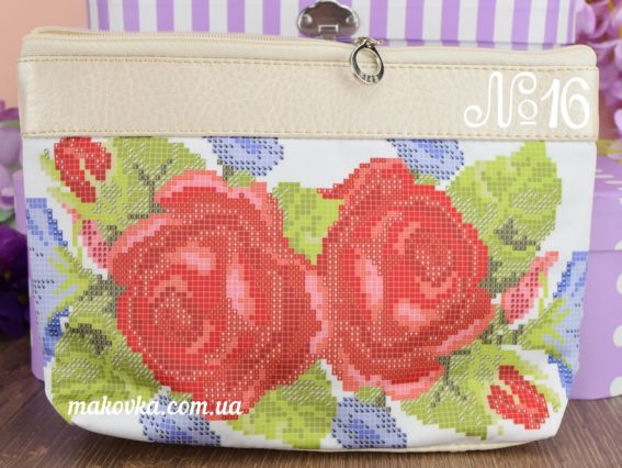 Косметичка пошитая, кожзам №16, молочная, Две розы и вьюнки, ТМ Красуня  Косметичка пошитая, кожзам №16, молочная, Две розы и вьюнки, ТМ Красуня