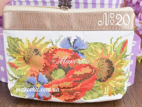 Косметичка пошитая кожзам №20, золотая, Маки, подсолнухи, васильки, ТМ Красуня Косметичка пошитая кожзам №20, золотая, Маки, подсолнухи, васильки, ТМ Красуня
