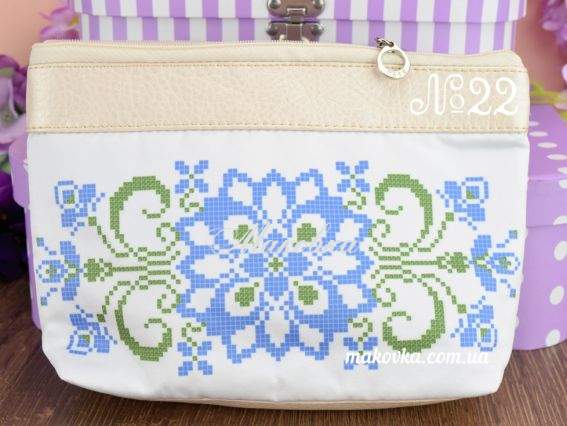 Косметичка пошитая, кожзам №22, молочная, зелено-голубой орнамент, ТМ Красуня  Косметичка пошитая, кожзам №22, молочная, зелено-голубой орнамент, ТМ Красуня 