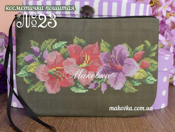 Косметичка пошитая из габардина №23, черная, Гибискусы, ТМ Красуня Косметичка пошитая из габардина №23, черная, Гибискусы, ТМ Красуня