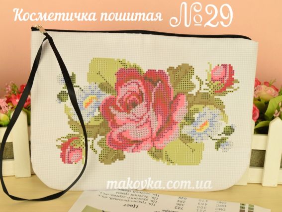 Косметичка пошитая из габардина №29 белая, Роза и ромашки, ТМ Красуня Косметичка пошитая из габардина №29 белая, Роза и ромашки, ТМ Красуня