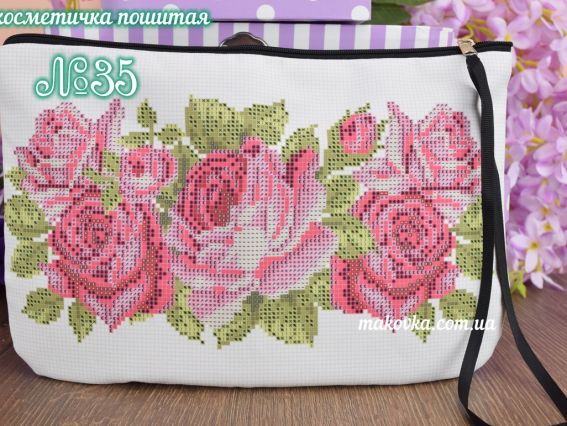 Косметичка пошитая из габардина №35 белая, Розы, ТМ Красуня Косметичка пошитая из габардина №35 белая, Розы, ТМ Красуня