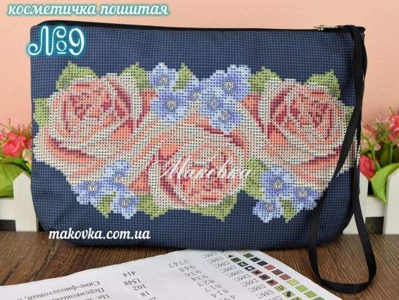 Косметичка пошитая из габардина №9, черная, Розы и незабудки, ТМ Красуня Косметичка пошитая из габардина №9, черная, Розы и незабудки, ТМ Красуня