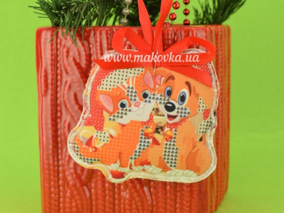 Іграшка новорічна, пошита №109 Собака та кіт, Красуня, для вишивання габардін