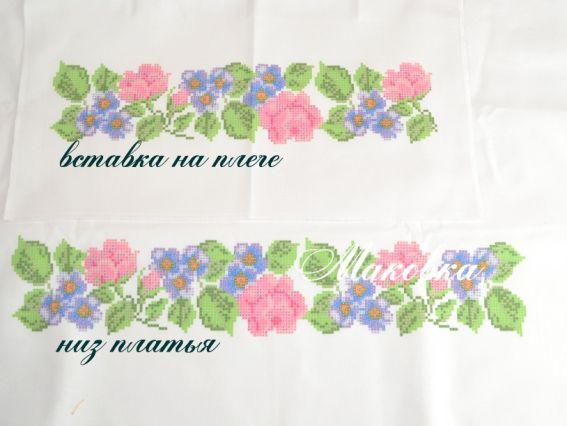 Заготовка Платье без рукавов под вышивку №19 Розы и фиалки, белое, домотканая ткань с рисунком