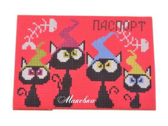 Обложка на паспорт под вышивку №10 Черные коты, малиновая Обложка на паспорт под вышивку №10 Черные коты, малиновая