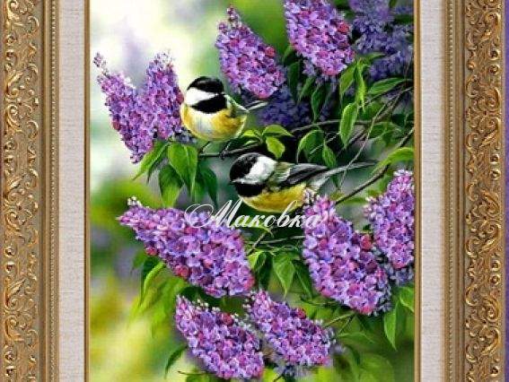 Птички на ветке сирени ВЛ-Н-1013, вышивка атласными лентами, Шелковый сад