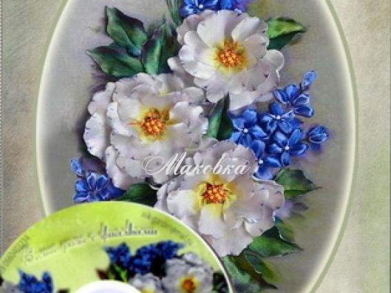 Белые розы и фиалки ВЛ-Н-1077 и обучающий ДИСК, вышивка атласными лентами, Шелковый сад