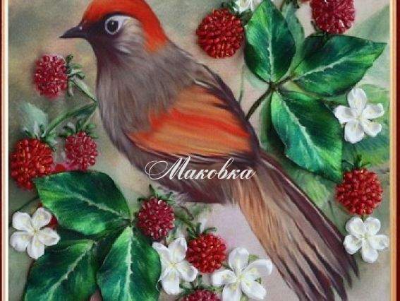Птичка на ягодной ветке ВЛ-Н-1079, вышивка шелковыми лентами, Шелковый сад