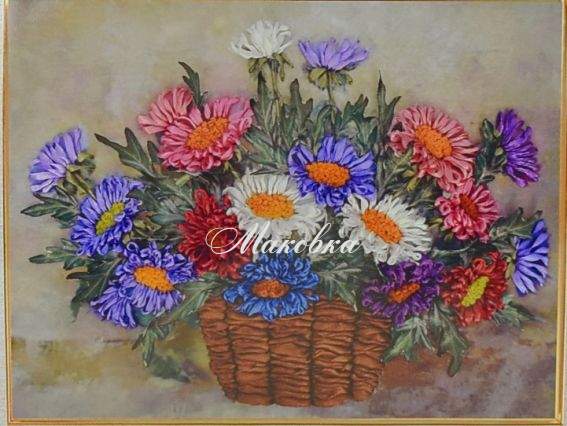 Хризантемы в корзине ВЛ-Н-1085, вышивка атласными лентами, Шелковый сад Хризантемы в корзине ВЛ-Н-1085, вышивка атласными лентами, Шелковый сад