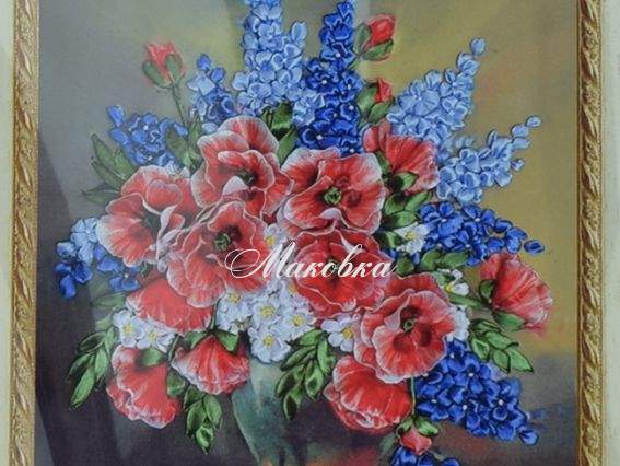 Дельфиниум и маки ВЛ-Н-1086, вышивка атласными лентами, Шелковый сад