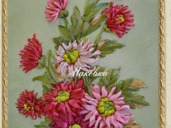 Букет хризантем ВЛ-Н-1087, вышивка атласными лентами, Шелковый сад