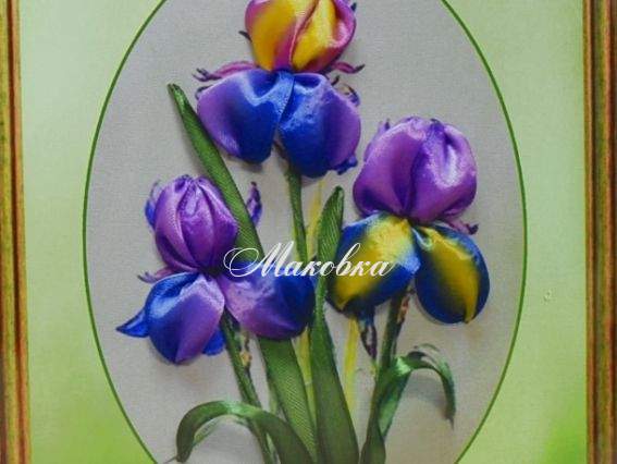 Цветные ирисы ВЛ-Н-1092, вышивка тонированными атласными лентами, Шелковый сад Цветные ирисы ВЛ-Н-1092, вышивка тонированными атласными лентами, Шелковый сад