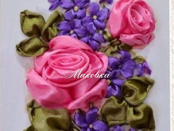 Букет фиалок с розами ВЛ-Н-1095, вышивка атласными лентами, Шелковый сад