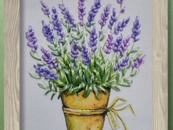 Лаванда в горшке ВЛ-Н-1097, вышивка атласными лентами, Шелковый сад