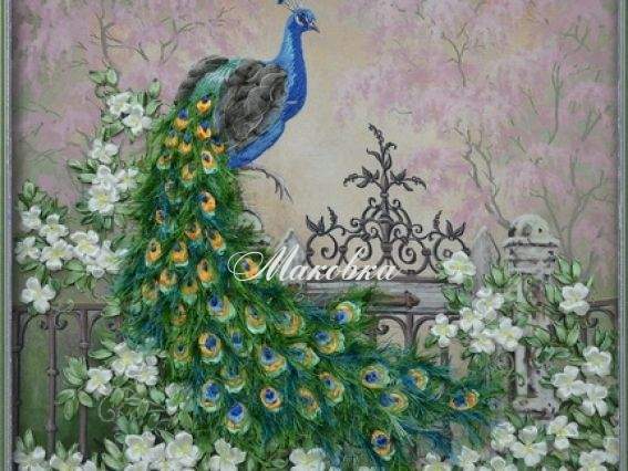 Королевский павлин ВЛ-Н-1100, вышивка атласными лентами, Шелковый сад