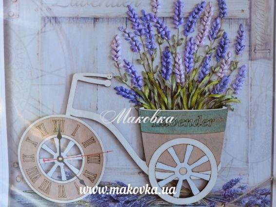 ЧАСЫ Лаванда на велосипеде ВЛ-Н-5001, Шелковый сад , вышивка лентами с деревянной заготовкой ЧАСЫ Лаванда на велосипеде ВЛ-Н-5001, Шелковый сад , вышивка лентами с деревянной заготовкой