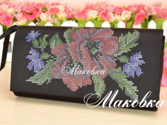 Клатч черный Маки и васильки, КЛдЧ-013 атлас-котон, под вышивку, ТМ Барвиста Вишиванка Клатч черный Маки и васильки, КЛдЧ-013 атлас-котон, под вышивку, ТМ Барвиста Вишиванка