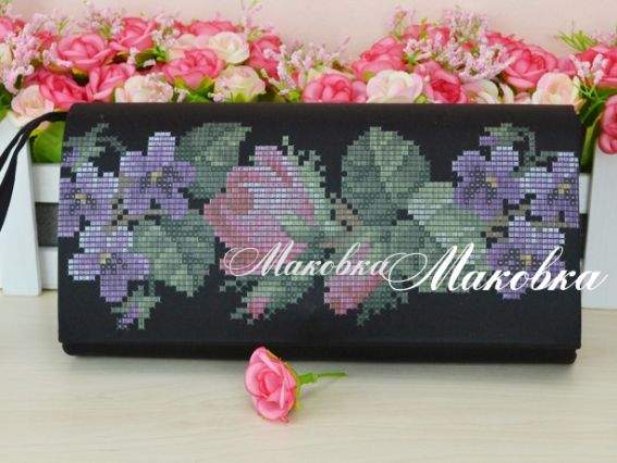 Клатч черный Розы и фиалки, КЛдЧ-022, под вышивку, ТМ Барвиста Вишиванка Клатч черный Розы и фиалки, КЛдЧ-022, под вышивку, ТМ Барвиста Вишиванка