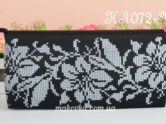 Клатч Орнамент Лилии белый на черном КЛ072кЧ атлас-котон , под вышивку, Барвиста Вишиванка Клатч Орнамент Лилии белый на черном КЛ072кЧ атлас-котон , под вышивку, Барвиста Вишиванка