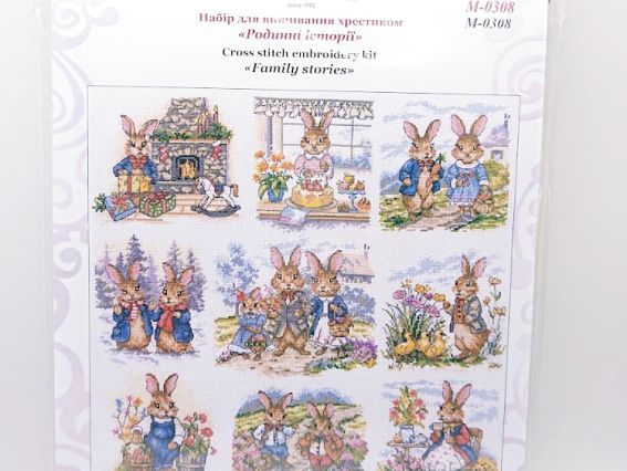 Набір для вишивання нитками М-0308 Родинні історії (кролики), ВДВ семплер