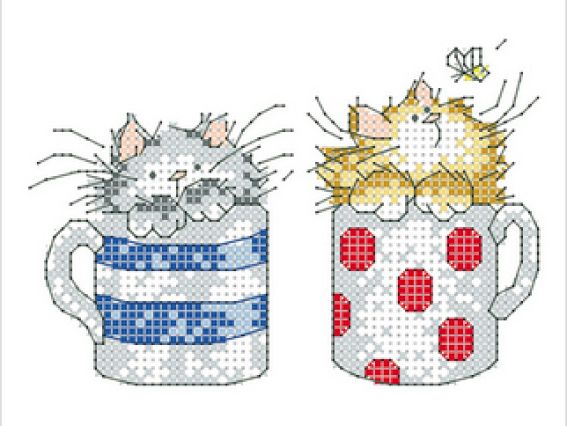 Водорозчинний пришивний флізелін Перлинка, Коти в чашці 14х14см