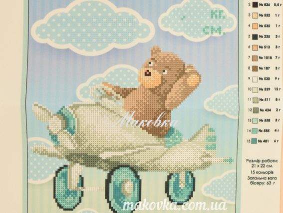 Схема малюнок на тканині Дитяча метрика (ведмедик на літаку), Т-1129, ВДВ Схема малюнок на тканині Дитяча метрика (ведмедик на літаку), Т-1129, ВДВ