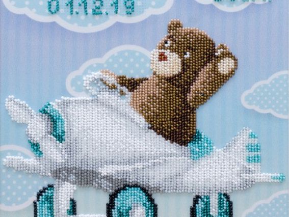 Ведмедик на літаку дитяча метрика Т-1129 друк на тканині 21х22см  ВДВ