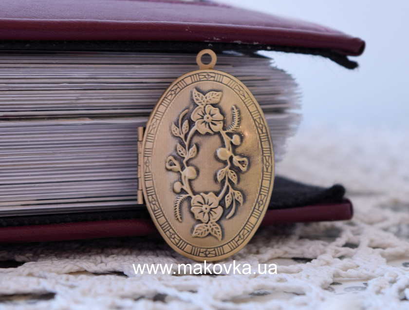 Медальон для фото №16 Овальный Цветы (без бейла), античная бронза, 1 шт