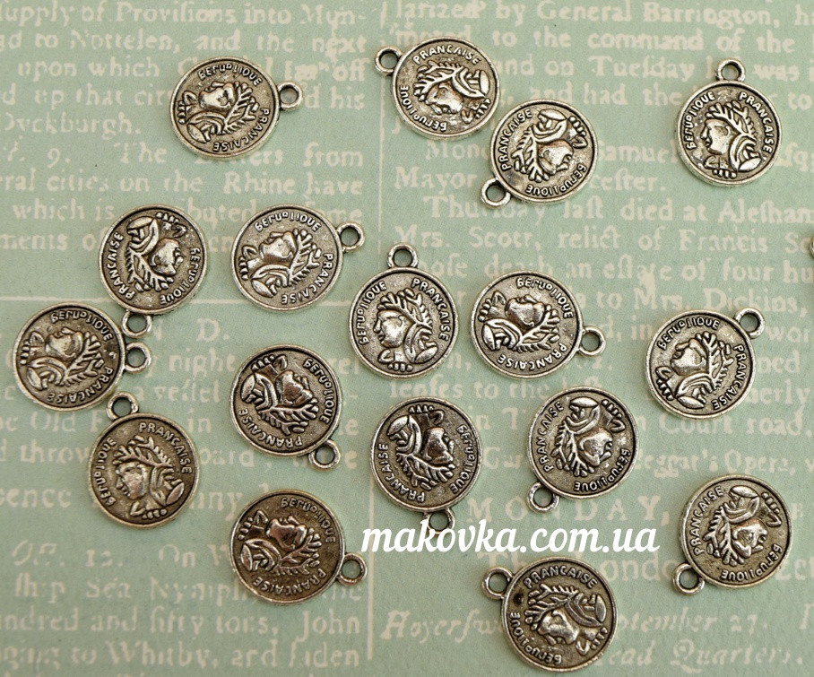 Подвеска монета Prancaise 17х13.5 мм, античное серебро , 1 шт