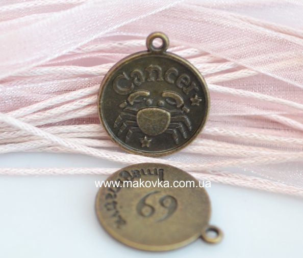 Подвеска монета Знак Зодиака Рак 20х17 мм, античная бронза, 1 шт