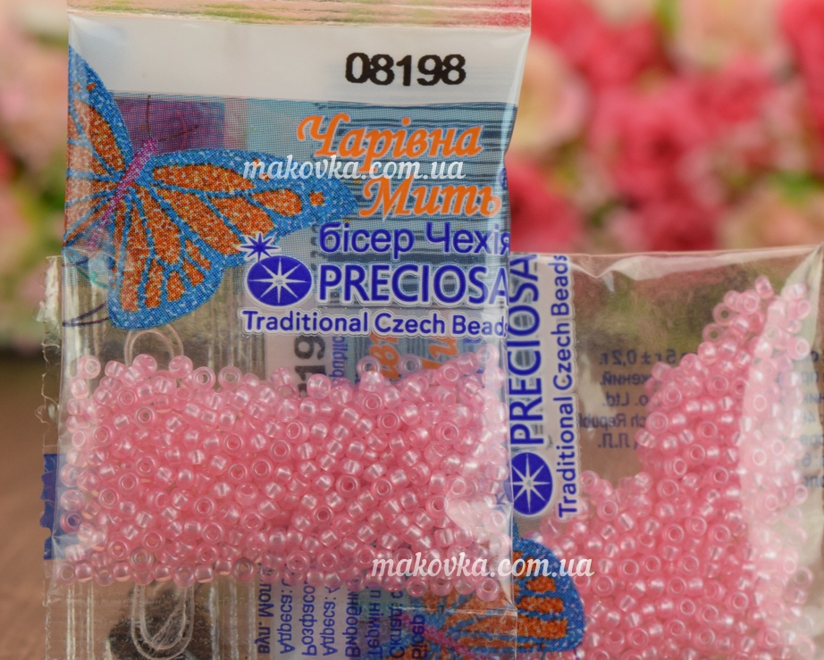 Бисер 5 гр Preciosa 08198 Кристально-прозрачный с жемчужным прокрасом, розовый , ЧМ