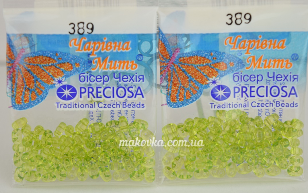 Бісер 5 гр Preciosa 389, ТВИН прозрачный салатовый