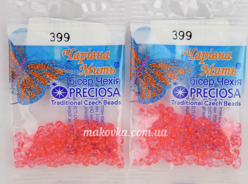 Бисер 5 гр Preciosa 399, ТВИН прозрачный коралловый