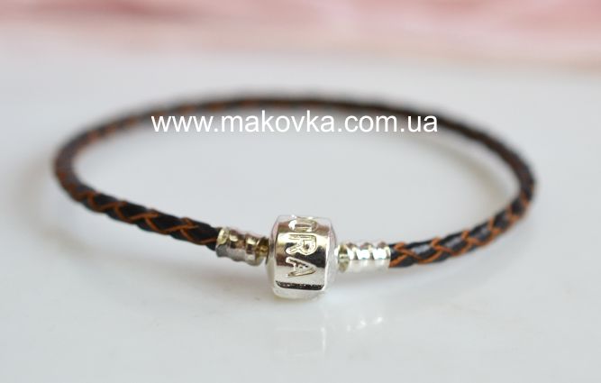 Браслет для бусин Pandora-стиля, кожаный плетенный, 20 см, коричневый + серебро