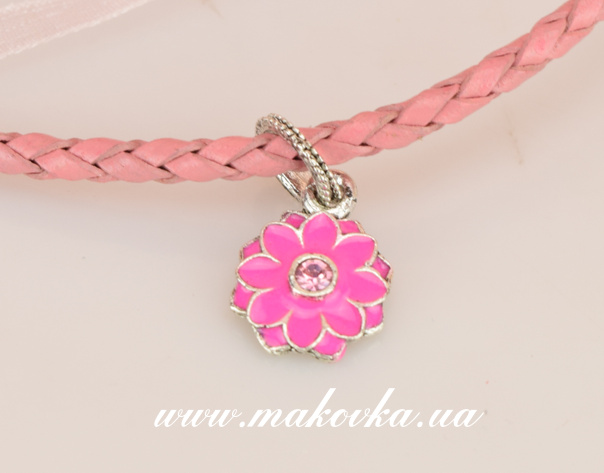 Бусина Пандора-стиля с подвеской цветок Астра, розовый со стразой, 1 шт