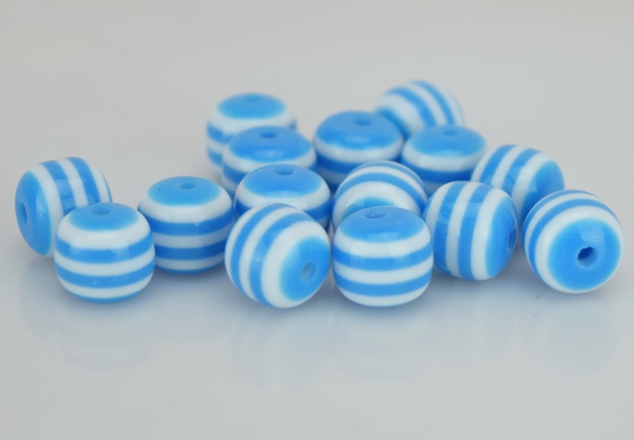Бусины из смолы, Шар 8 мм, полосатые, 15 шт/уп бело-голубые