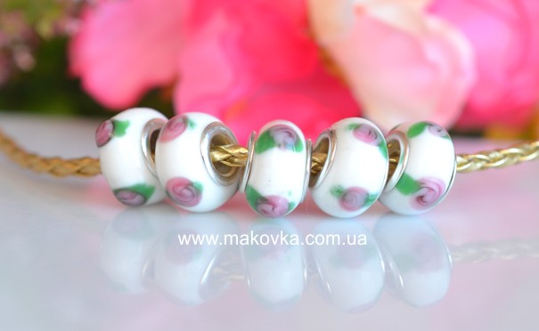 Бусина Пандора-стиля Lampwork №143 белая с розочками